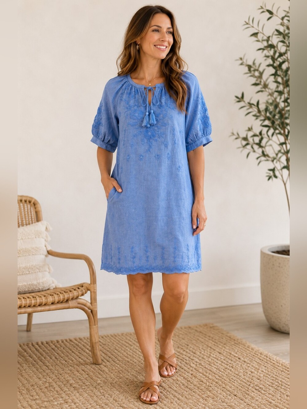 NWT Anthropologie Kyla Seo 100% Linen Handmade Embroidered Sky Blue Yara Dress S